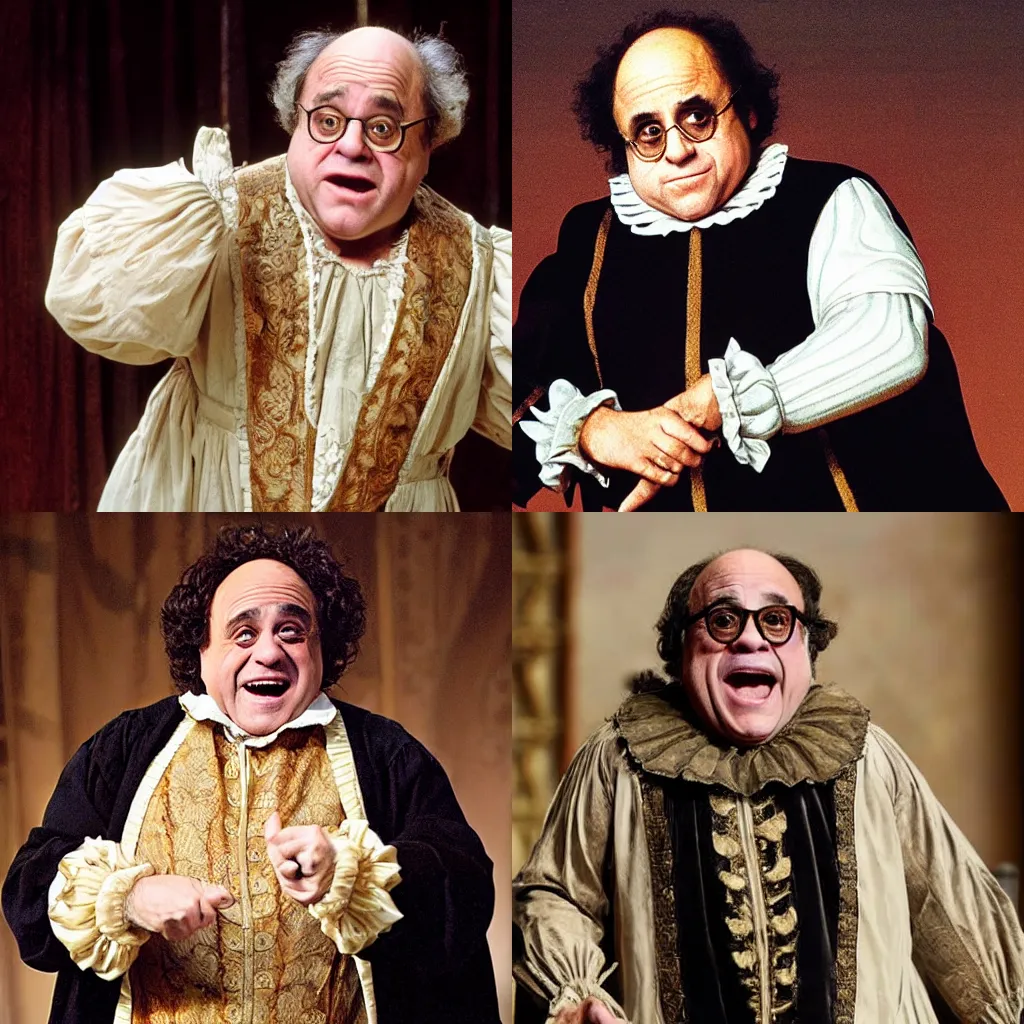 Prompt: Danny devito as lead actor in an Elizabethan era Shakespeare play