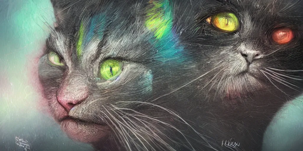 Prompt: of a beautiful rainbow Hyperrealistic Giger kitten in a dark scary smokey surreal jungle, macro lens, ultra shallow depth of field, highly detailed, digital painting, trending artstation, concept art, vibrant colors, illustration, cinematic lighting, vibrant colors, photorealism, epic, octane render