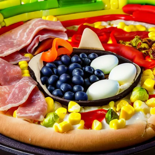 Image similar to a pizza with toppings of onions, peppers, sausage, ice cream, pepperoni, brussels sprouts, gummi worms, tide pods, pineapple, ham, deviled eggs, corn, celery, sesame chicken, oreos, carrots, blueberries, salmon, macaroni, depth of field, dynamic lighting, food photography, studio, bokeh