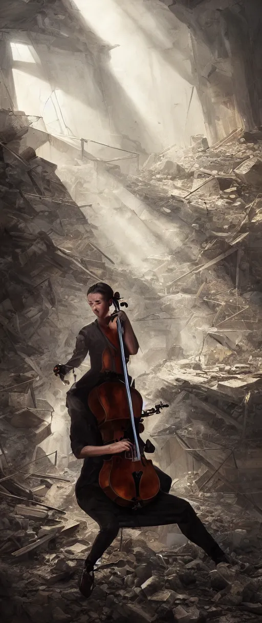 Prompt: a highly detailed portrait of a singular cellist playing in the rubble of a fallen building, beautifully lit, volumetric lighting, concept art, sharp focus, in the style of steve argyle, artstation HD, octane render