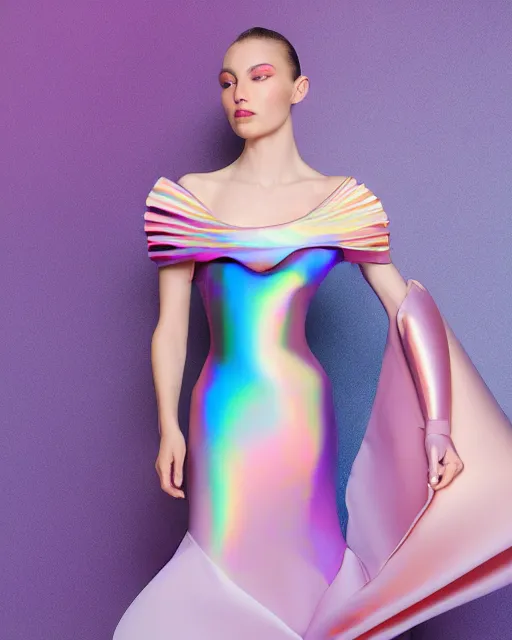 Prompt: ball shaped accordion sleeve haute couture, striking pose, dynamic folds, volume flutter, youthful, modeled by modern designer bust, award fashion, picton blue, petal pink gradient scheme, holographic tones, expert composition, professional retouch