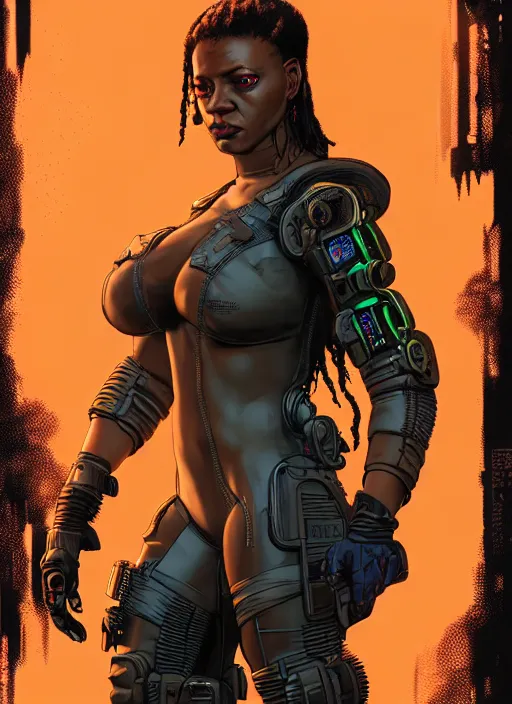 Image similar to sonya igwe. cyberpunk mercenary in tactical harness and jumpsuit. dystopian. portrait by stonehouse and mœbius and will eisner and gil elvgren and pixar. realistic proportions. cyberpunk 2 0 7 7, apex, blade runner 2 0 4 9 concept art. cel shading. attractive face. thick lines. moody industrial landscape.