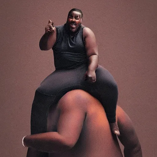 Prompt: a little black person rides on the shoulder's of a huge 7 ft tall 5 0 0 pound black man. hyperreal - h 6 4 0