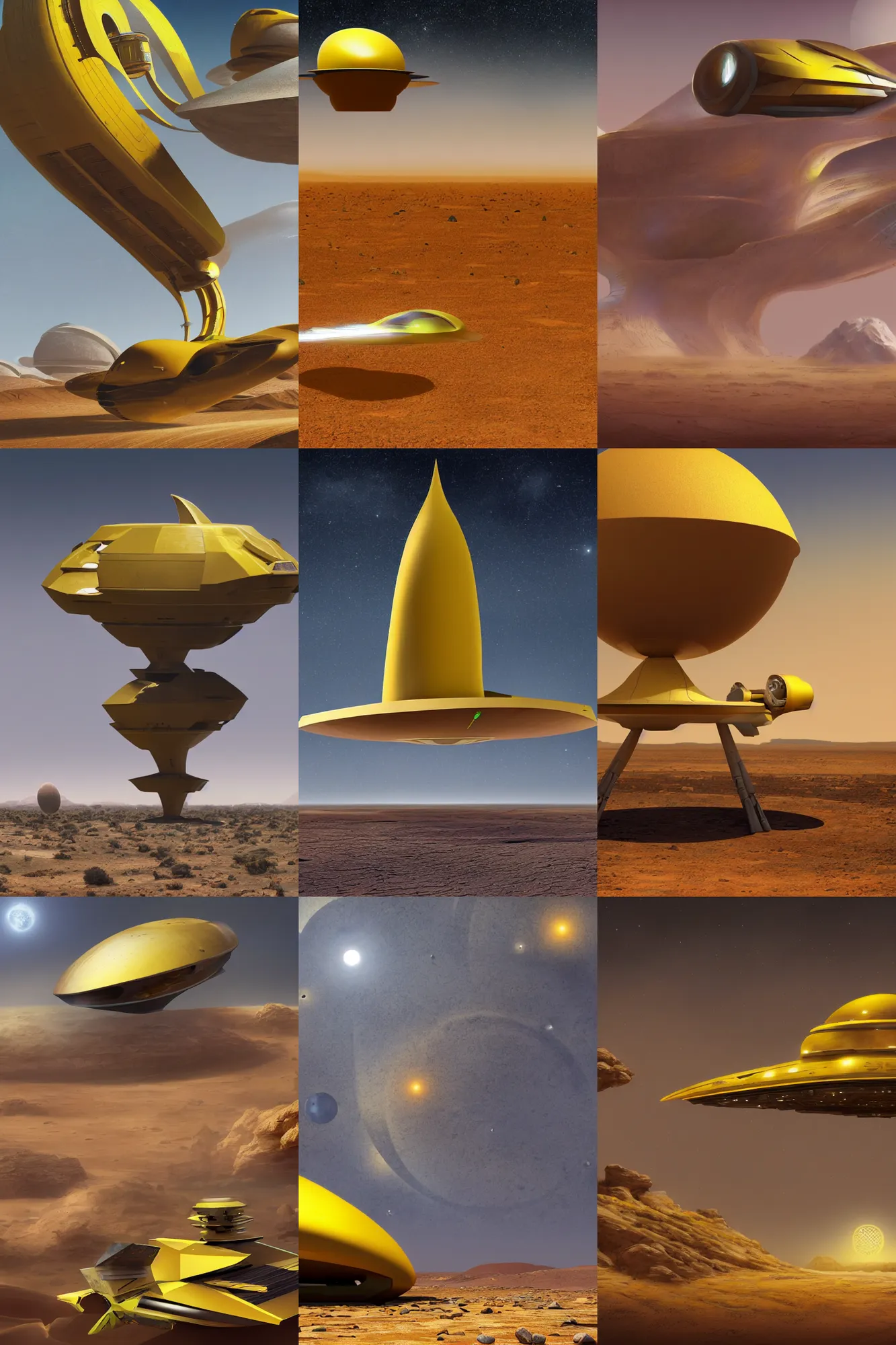 Image similar to a yellow african futuristic spaceship on a desert planet, science - fiction, matte painting