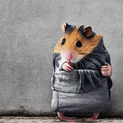 Image similar to “ hamster dressed as a homeless person sitting at an intersection with arms stretched out holding a tin can ”