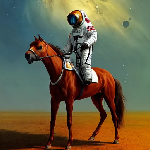 Image similar to a horse on top a man, a horse carried by a astronaut, hyperrealism, no blur, 4 k resolution, ultra detailed, style of ron cobb, adolf hiremy - hirschl, syd mead, ismail inceoglu, rene margitte