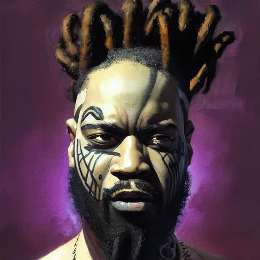 Image similar to Greg Manchess portrait painting of an afropunk villian character with facial tattoo, dreads, heavy build, medium shot, asymmetrical, profile picture, Organic Painting, sunset dark dramatic day, matte painting, bold shapes, high contrast, hard edges, street art, trending on artstation, by Huang Guangjian and Gil Elvgren and Sachin Teng