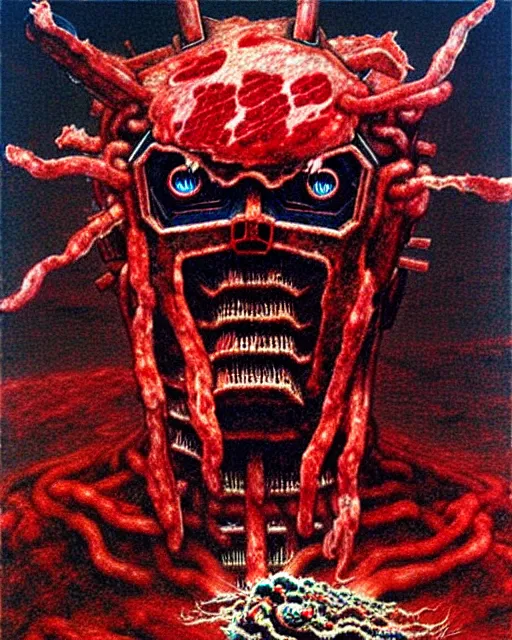 Prompt: bleeding gundam made of meat drawn by beksinski, high definition, lovecraftian