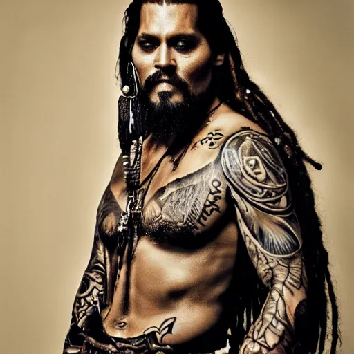 Prompt: portrait of johnny depp as khal drogo from games of thrones, mascular, broad shoulder, very long hair, long beard with dreadlocks, tattooed body, six packs, symmetrical, nikon 3 5 mm photography, ultrarealistic
