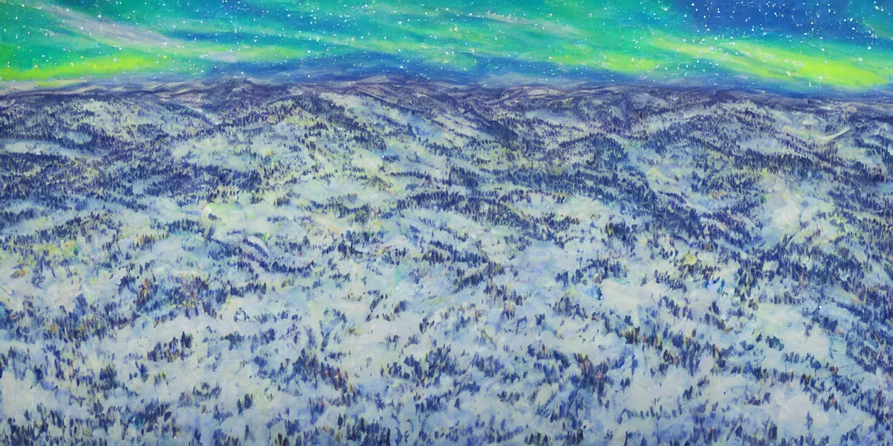 Prompt: abstract painting of the laurentian appalachian mountains in winter, unique, original and creative landscape, aerial view, snowy night, distant town lights, aurora borealis, deers and ravens, footsteps in the snow, brilliant composition