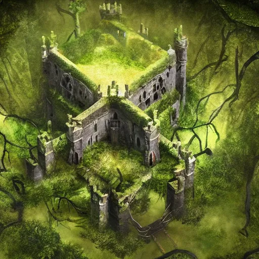 Image similar to giant ancient castle in an forest with some ivy plants on the walls, cinematic, epic, dramatic lighting from above, dark, vines, fantasy, dust, unreal engine, octane, highly detailed, concept art, dark, super realistic