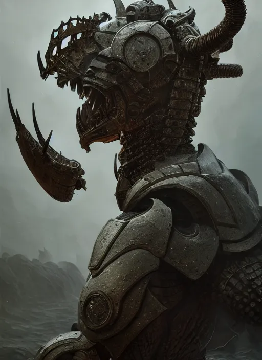 Prompt: hyperrealistic mixed media portrait of a Warhammer Gorr armored warrior creature, stunning 3d render inspired art by Michael Parkes + dim volumetric lighting, 8k octane beautifully detailed render, post-processing, extremely hyperdetailed, intricate, epic composition, grim yet sparkling atmosphere, cinematic lighting + masterpiece, trending on artstation