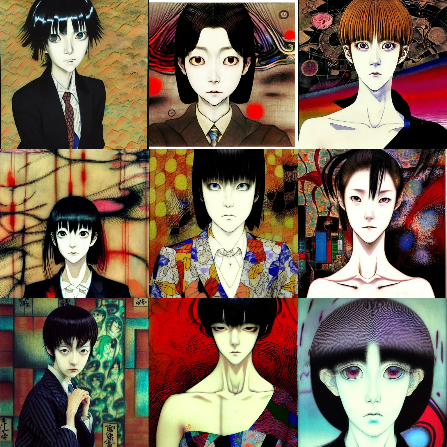 Prompt: yoshitaka amano blurred and dreamy realistic three quarter angle portrait of a young woman with short hair and black eyes wearing dress suit with tie, junji ito abstract patterns in the background, satoshi kon anime, noisy film grain effect, highly detailed, renaissance oil painting, weird portrait angle, 1 9 9 0 s anime