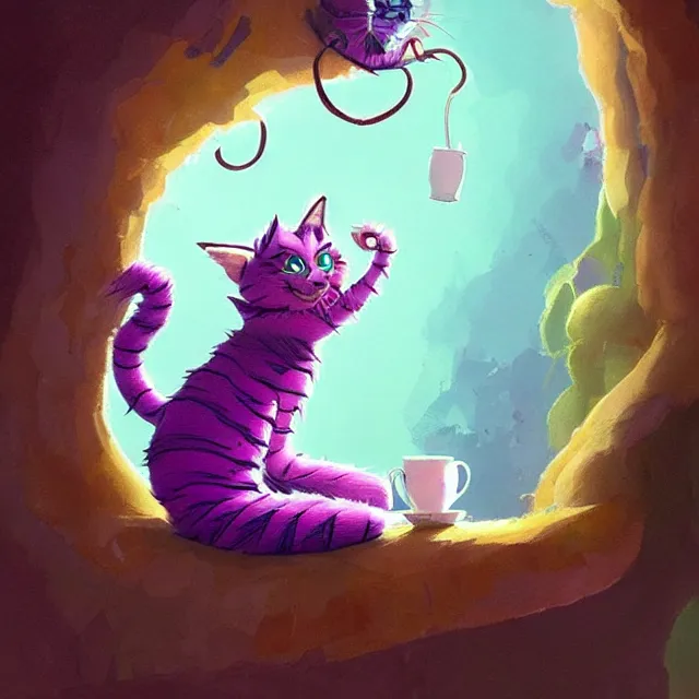 Prompt: cheshire cat drinking tea, by cory loftis, character art, very coherent, exquisite lighting, whimsical background, lighthearted, soft painting, masterpiece