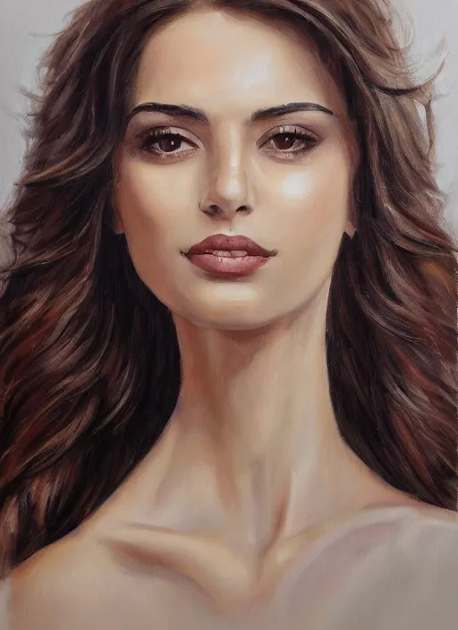 Image similar to beautiful portrait face centre oil on canvas of brunette with wavy hair, big mouth, smiling, Ebru Şahin, Reyyan, looks like Sabrina Ouazani , intricate, elegant, highly detailed, artstation, concept art, sharp focus, art by Alina Ivanchenko, Rob Ross, WLUP, artgerm