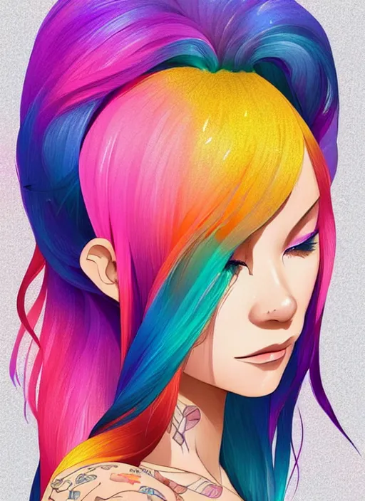Image similar to a young woman with beautiful rainbow hair and lots of tattoos. clean cel shaded vector art. shutterstock. behance hd by lois van baarle, artgerm, helen huang, by makoto shinkai and ilya kuvshinov, rossdraws, illustration, art by ilya kuvshinov