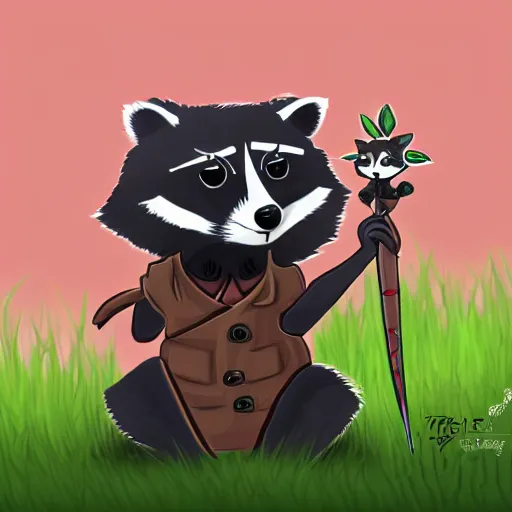 Image similar to a raccoon in a green rouge outfit with a dagger, trending on art station