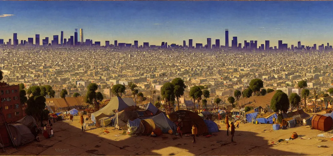 Image similar to ghibli illustrated background of strikingly beautiful skid row, los angeles, california, with strange city skyline is seen in the distance, tents, streets by vasily polenov, eugene von guerard, ivan shishkin, albert edelfelt, john singer sargent, albert bierstadt 4 k