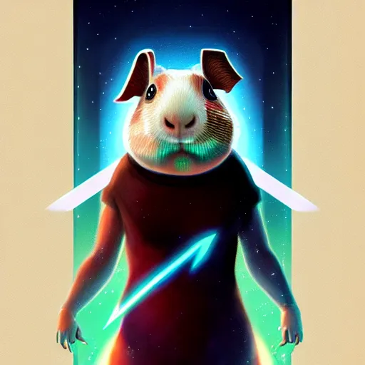 Image similar to cute anthropomorphic guinea pig full as an jedi in a spaceship, body portrait, divine lightning, by greg rutkowski, by charlie bowater