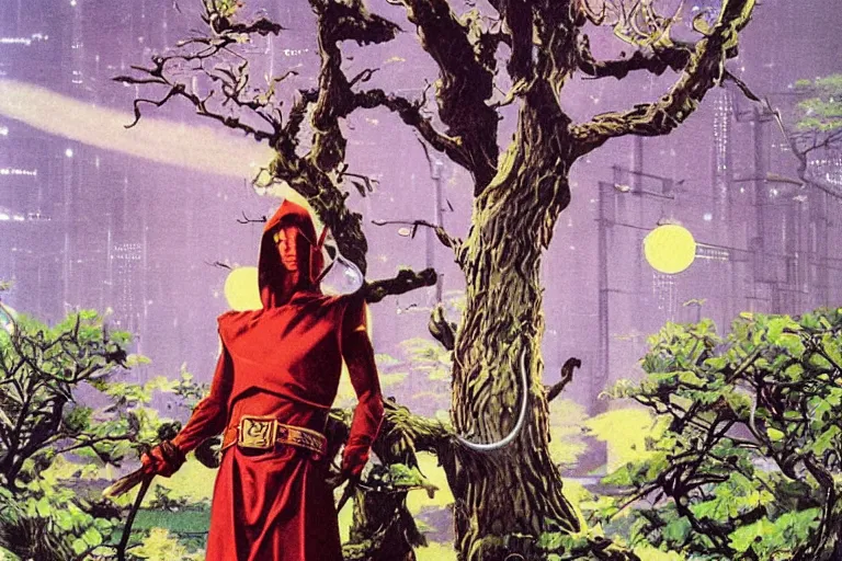 Image similar to 1979 OMNI Magazine Cover of a Druidic elf with armor by a cherry tree in Neo-Kyoto in cyberpunk style by Vincent Di Fate