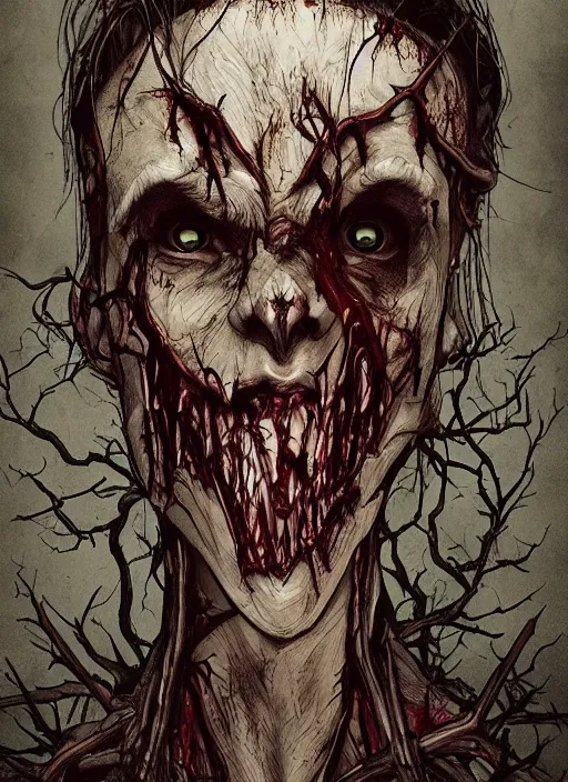 Prompt: in the style of joshua middleton, a decrepit zombie, evil dead demon, evil dead movie, lovecraftian, symmetrical eyes, symmetrical face, forest, cinematic lighting, evil dead creature, scary
