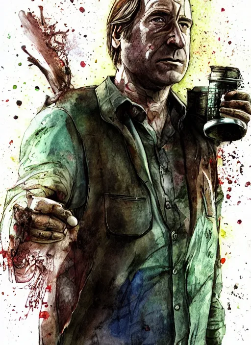 Image similar to portrait, Saul Goodman in the Last of Us universe, Bob Odenkirk, post apocalypse, Breaking Bad, watercolor, dramatic lighting, cinematic, establishing shot, extremely high detail, foto realistic, cinematic lighting, pen and ink, intricate line drawings, by Yoshitaka Amano, Ruan Jia, Kentaro Miura, Artgerm, post processed, concept art, artstation, matte painting, style by eddie mendoza, raphael lacoste, alex ross