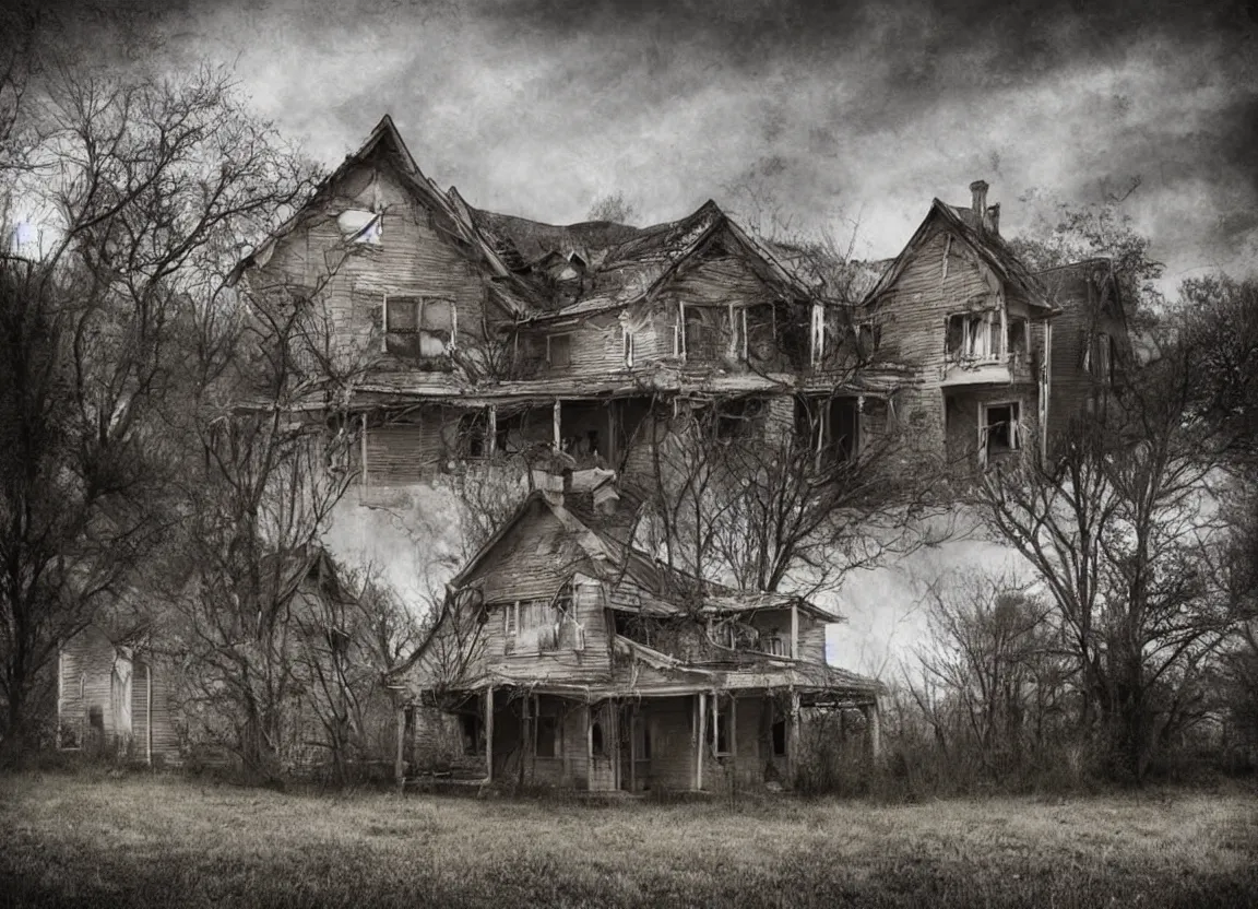 Image similar to realistic photograph of a creepy house with a poltergeist