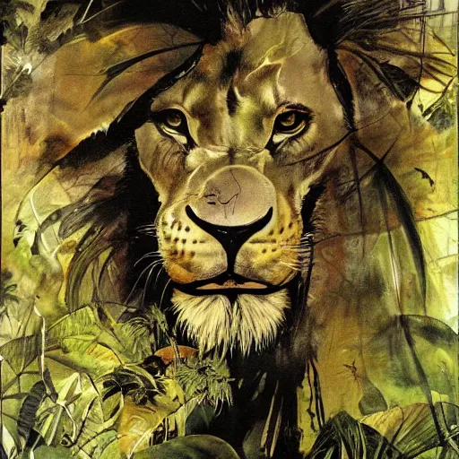 Image similar to lion in the jungle by dave mckean and yoji shinkawa, oil on canvas