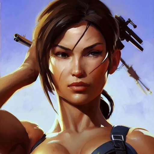 Image similar to greg manchess portrait painting of partially armored lara croft as overwatch character, close - up shot, asymmetrical, profile picture, organic painting, sunny day, matte painting, bold shapes, hard edges, street art, trending on artstation, by huang guangjian and gil elvgren and sachin teng