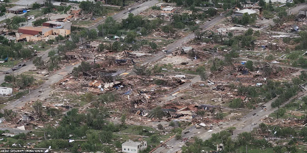 Prompt: the tornado left a trail of destruction with considerable damage not only to buildings and infrastructure but also in the forests in the metropolis oklahoma city, dramatic, catastrophic, photography