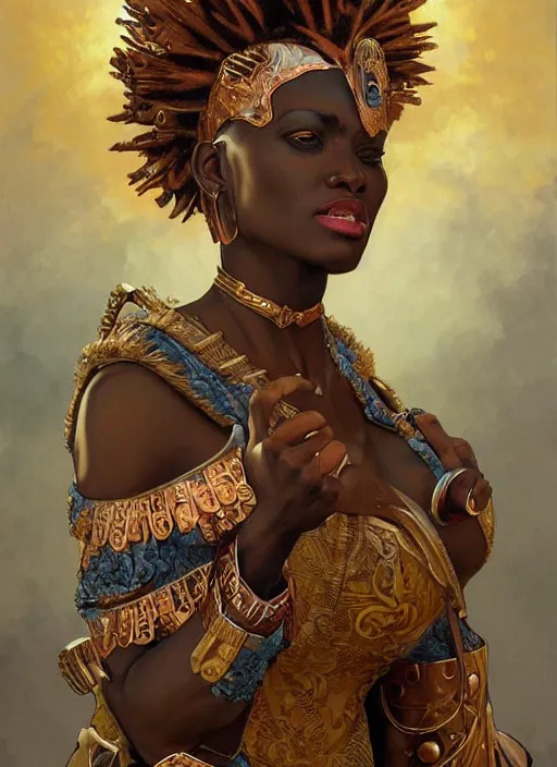 Prompt: Gina Tores as a beautiful african warrior woman, intricate, elegant, highly detailed, centered, digital painting, artstation, concept art, smooth, sharp focus, illustration, art by artgerm and donato giancola and alphonse mucha