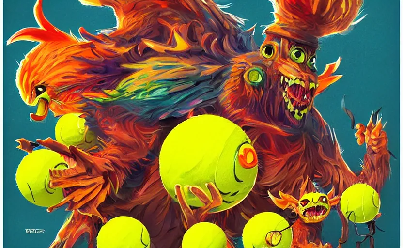 Prompt: a cinematic poster squad of tennis ball monsters, colorful, digital art, fantasy, magic, chalk, trending on artstation, ultra detailed, professional illustration by basil gogos