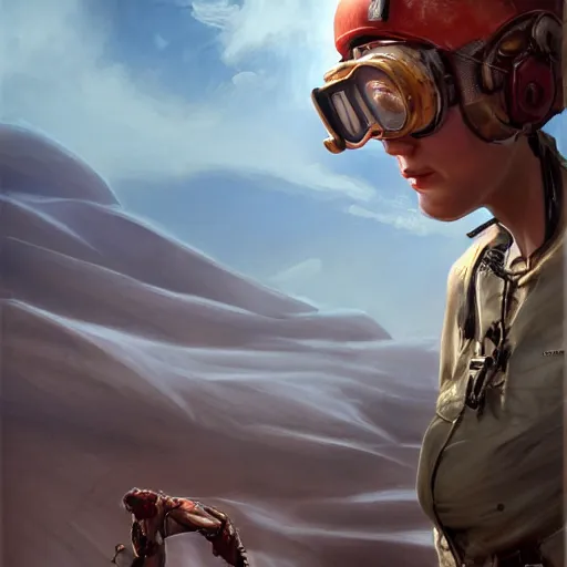Prompt: tattooed dirty stoic butch heroic emotionless blonde woman engineer in tattered dirty flight suit, very short messy hair, victorian goggles, back pose, crossing primitive hostile alien desert, clouds of red dust, highly detailed, digital painting, artstation, concept art, matte, sharp focus, illustration, art by artgerm and greg rutkowski