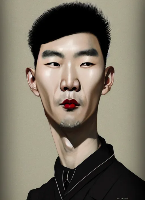 Image similar to portrait of a korean man with a crooked nose and a confident expression, 1 9 6 0 s, black clothes, goth, punk, brightly coloured hair, funk, intricate, elegant, highly detailed, digital painting, artstation, concept art, smooth, sharp focus, illustration, art by wlop, mars ravelo and greg rutkowski