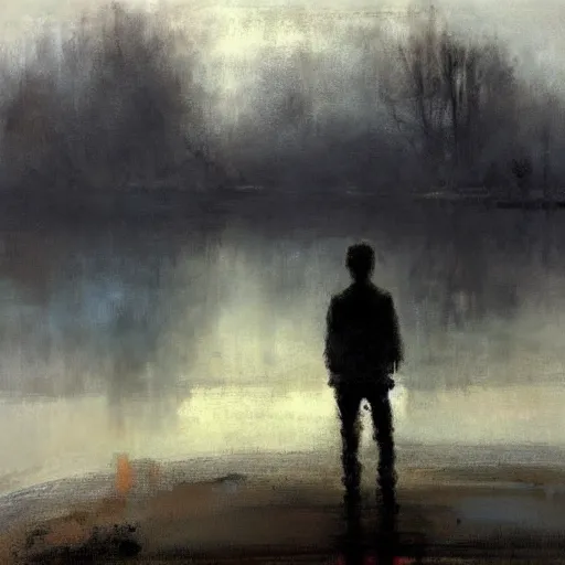 Image similar to lonely boy without his soul staring into a lake, painting by jeremy mann