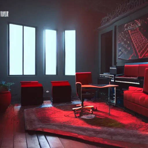 Image similar to A screenshot of a Virtual Reality music studio, living room vibe, Paris loft style, red velvet furniture, light rays coming out of the windows, raytracing, highly detailed, futuristic, unreal engine 5, photoscanned, photorealistic,