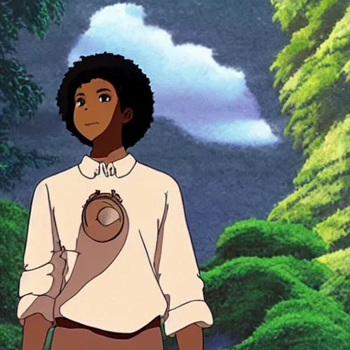 Prompt: dark skin man in a studio ghibli film, nature, dreamy