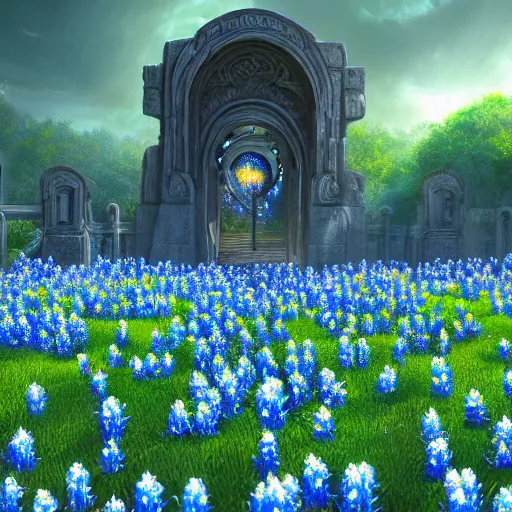 Prompt: a beautiful and detailed picture of gateway to hades surrounded by a field of bluebonnets, in the style of magic the gathering, highly detailed, digital painting, god rays, volumetric lighting, octane render, 4 k resolution, art by adam paquette and johann bodin and jason rainville