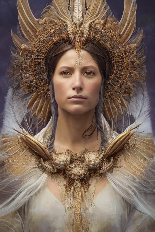 Prompt: beautiful detailed cgi matte painting female tanned skinned empress of light, by ellen jewett, tomasz alen kopera and justin gerard | symmetrical, native american, solemn, realism, intricate, ornate, royally decorated, halo, gilding, gilded, whirling smoke, particles, gold adornments, white splendid fabric, radiant colors