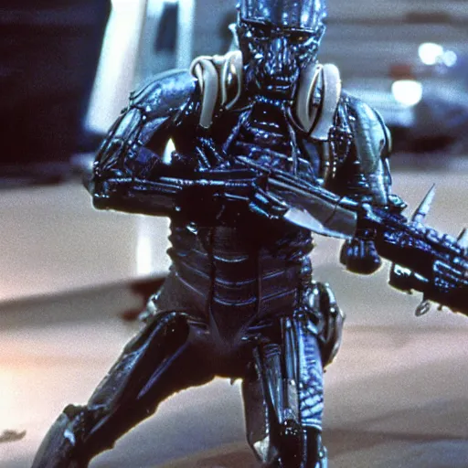 Image similar to movie still, 1 9 8 0 s, harrison ford as armored alien hunter, photorealistic, hyperdetailed, by ridley scott and john carpenter, blue leds
