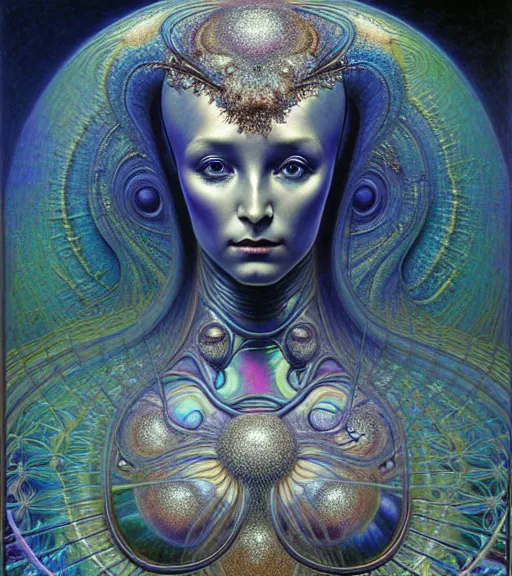 Image similar to detailed realistic iridescent beautiful young cher alien robot as queen of mandelbulb portrait by jean delville, gustave dore and marco mazzoni, art nouveau, symbolist, visionary, baroque. horizontal symmetry by zdzisław beksinski, iris van herpen, raymond swanland and alphonse mucha. highly detailed, hyper - real, beautiful