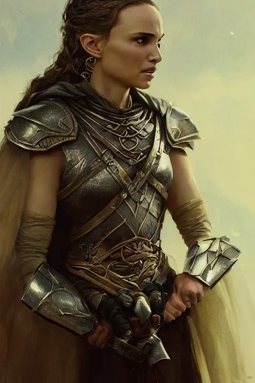 Image similar to natalie portman, legendary warrior, heroic, lord of the rings, tattoos, decorative ornaments, battle armor, by carl spitzweg, ismail inceoglu, vdragan bibin, hans thoma, greg rutkowski, alexandros pyromallis, perfect face, fine details, realistic shading photorealism