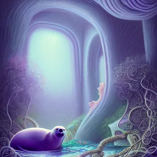 Image similar to beautiful digital fantasy illustration of a Prince in pastel!!!, whimsical acrylic modern pop surrealism, Even Giger-y dark overlords living in the ruins of an ancient system of tunnels and caves like to be comfy every once in a while!, A seal sleeping peacefully in a kelp forest, highly detailed, soft lighting, rendered in octane, masterpiece, very very very aesthetic