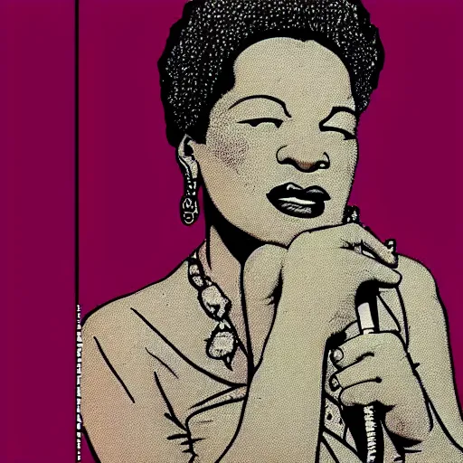 Image similar to “portrait of Billie holiday, by Robert crumb, coloured, graphic”