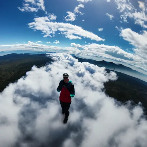 Prompt: walking around on clouds, GoPro, wide angle lens, high resolution 8k,