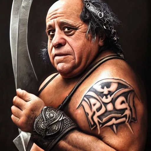 Prompt: danny devito as a barbarian warrior, legendary warrior, leather straps, tattoos, piercings, fur and leather armor, beautiful, sharp detail, photo realism, robin eley, oil painting