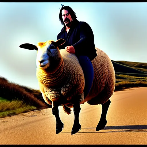 Image similar to morbidly obese keanu reeves riding a texel sheep, photo, detailed, 4 k