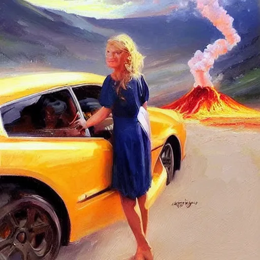 Image similar to painting volegov car blonde woman!!! erupting volcano!!!