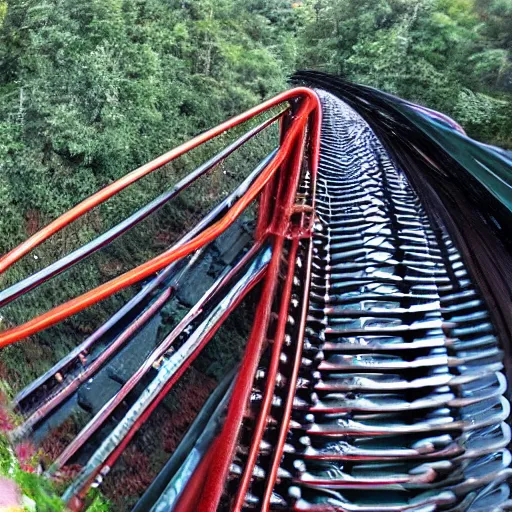 Prompt: go pro still of a rollercoaster with a mangled track up ahead