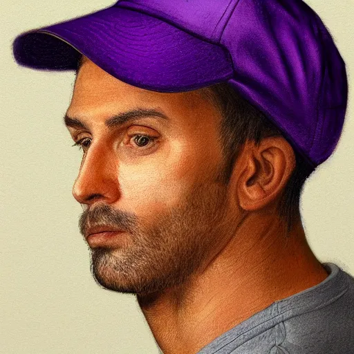 Image similar to a detailed portrait of a man wearing a purple cap art illustration, incredibly highly detailed and realistic, 8 k, sharp focus